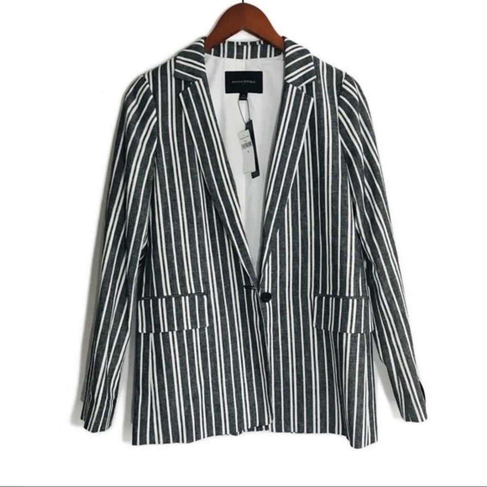 BANANA REPUBLIC Striped Linen Blend Single Button Blazer Women’s Sz 4 White Gray